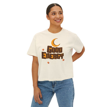 Good Energy Boxy Tee — Retro Moon & Stars Women's Graphic T-Shirt